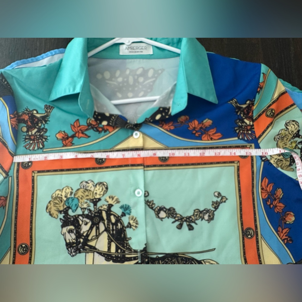 Amberger designer Vibrant Horse Print Blouse in Green and Blue - Picture 8 of 8